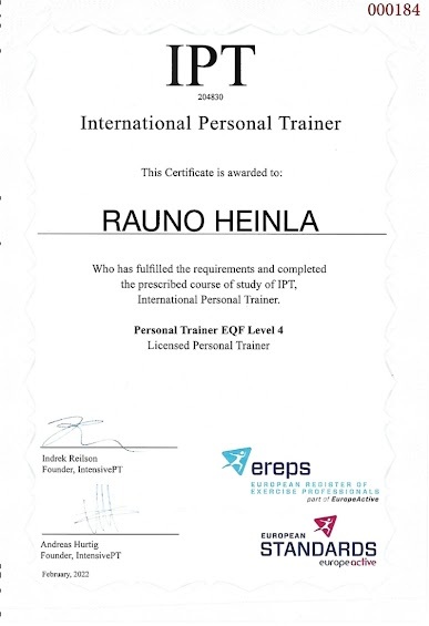 Rauno Heinla's IPT International Personal Trainer certificate